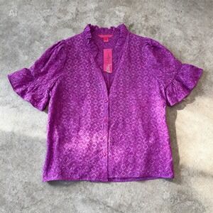 Lilly Pulitzer Calynn Eyelet Button Down Top NEW Fuchsia Ditzy Diamond size 6